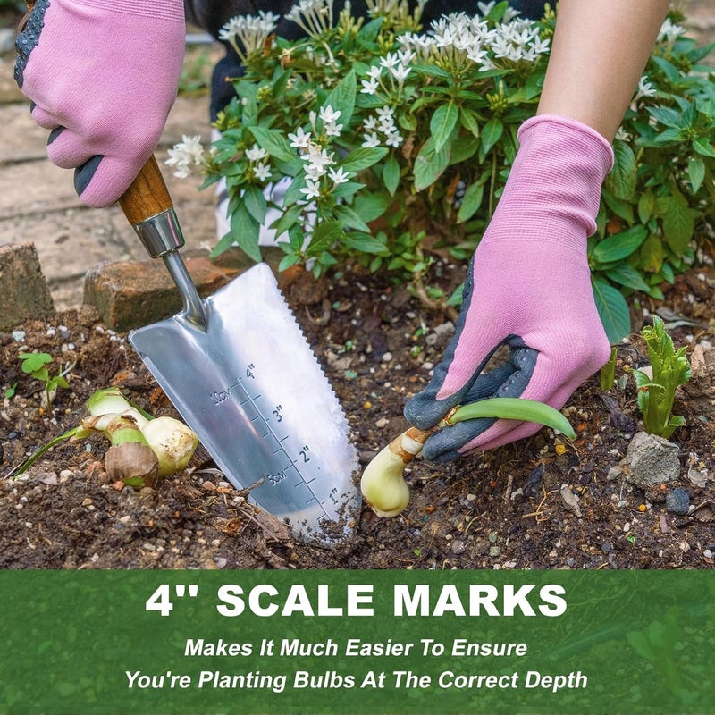 Haliaeetus Garden Trowel with Serrated Edge, 4'' Depth Marks Planting Shovel, V-Shaped Sharp Edge Garden Tool, Stainless Steel with Comfortable Wood Handle for Planting and Weeding - Image 4